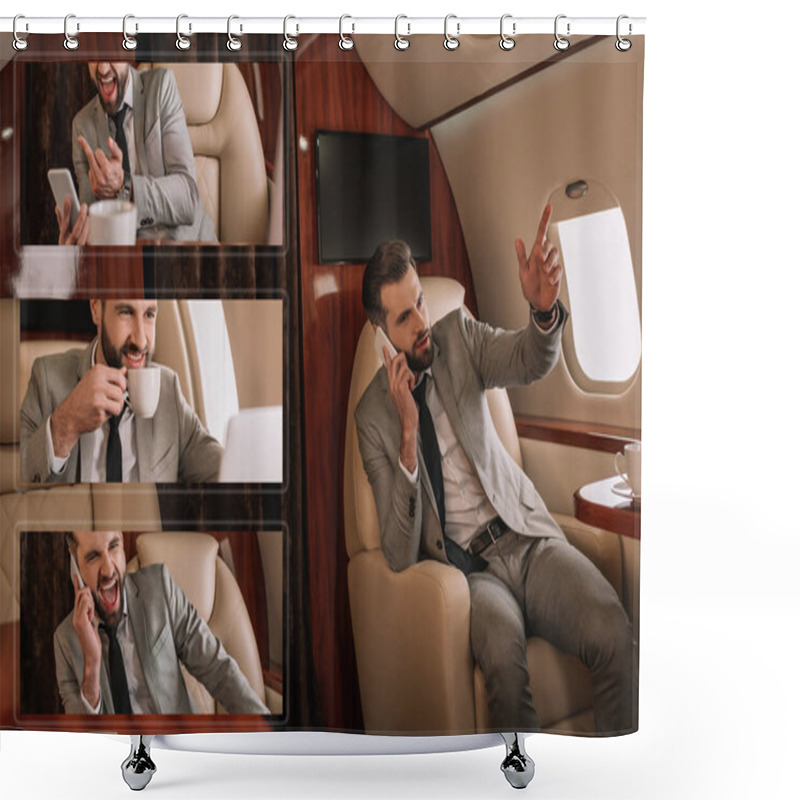 Personality  Collage Of Businessman Screaming And Showing Middle Finger While Talking On Smartphone, And Drinking Coffee In Private Plane Shower Curtains