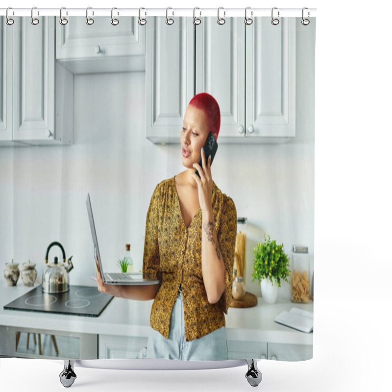 Personality  A Bold Bald Woman Engages In A Call, Seamlessly Balancing Her Laptop In A Modern Kitchen Setting. Shower Curtains