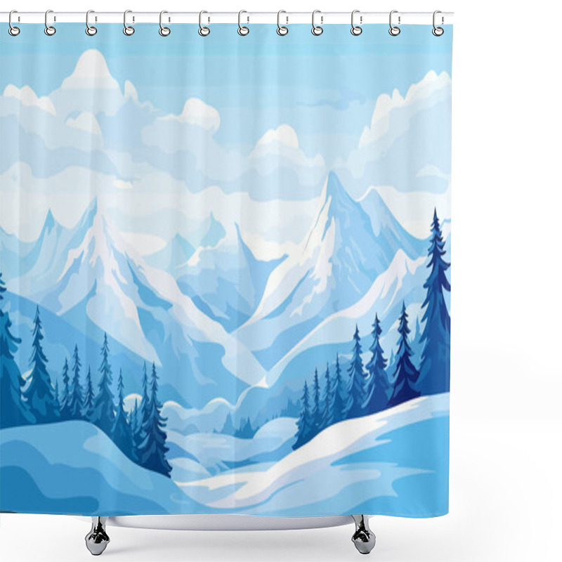 Personality  Winter Mountain Landscape. Coniferous Trees Against The Background Of Hills, Forests, Mountains, Flat Design. Vector Illustration Shower Curtains