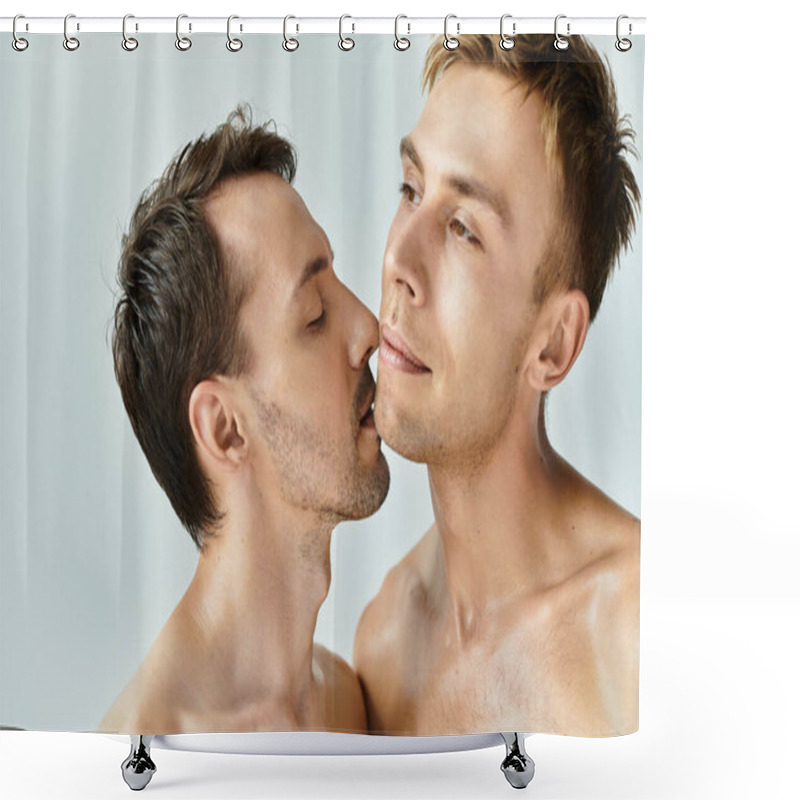 Personality  Two Young Men Share An Intimate Kiss, Celebrating Their Love In A Heartfelt Moment Together. Shower Curtains