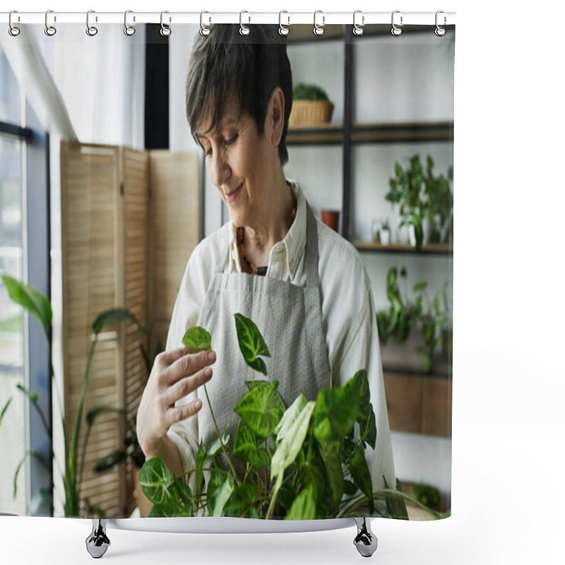 Personality  A Woman Lovingly Cares For Her Vibrant Green Plants Among Her Gardening Tools. Shower Curtains