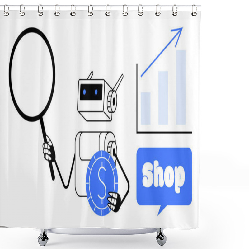 Personality  Robot Holding A Magnifying Glass And Currency Symbol, With A Growth Chart And Shop Icon. Ideal For E-commerce, Market Analysis, Financial Services, Online Shopping, AI Technology. Minimalist Vector Shower Curtains