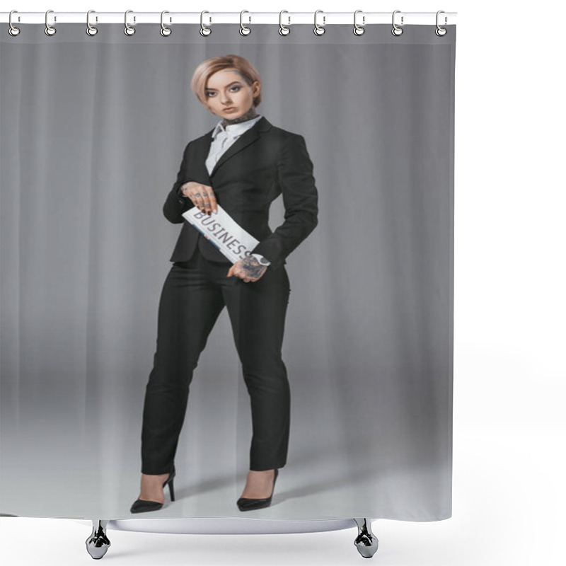 Personality  Businesswoman In Suit Holding Business Newspaper, Isolated On Grey Shower Curtains