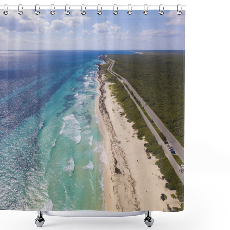 Personality  High Aerial Shot Of Beaches And Island Of Cozumel, Mexico With Turquoise Water. Shower Curtains