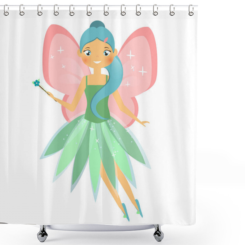 Personality  Beautiful Flying Fairy Character With Pink Wings. Elf Princess With Magic Wand. Cartoon Style Shower Curtains