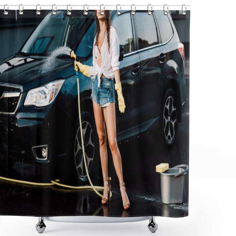 Personality  Cropped View Of Woman Holding Pressure Washer Near Black Car And Bucket With Sponge  Shower Curtains