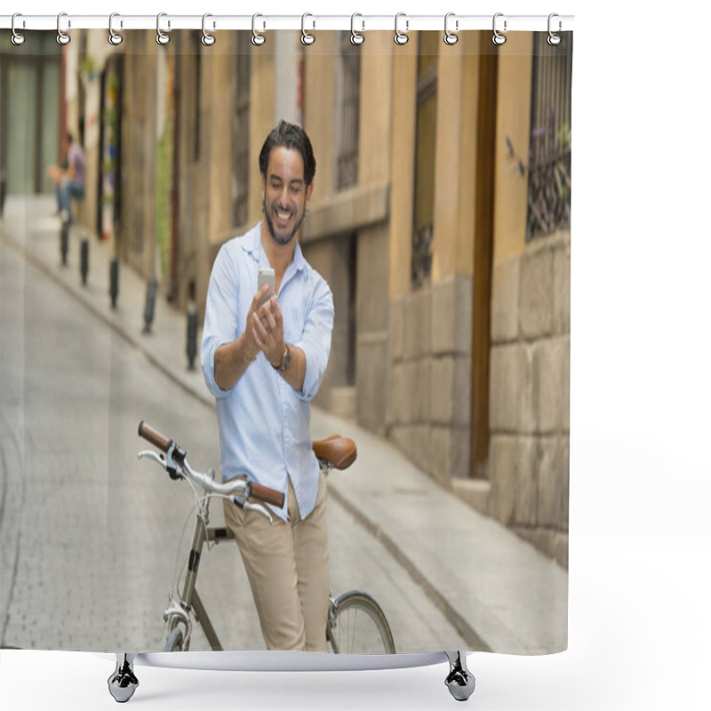 Personality  Man Taking Selfie On Retro Bicycle Shower Curtains