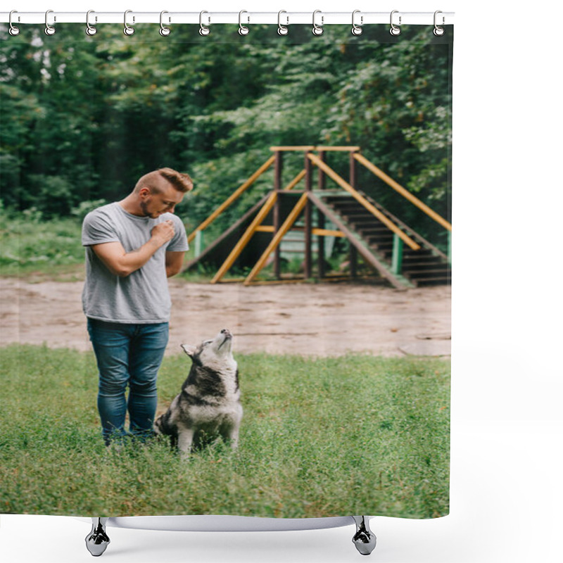 Personality  Cynologist Training Obedience With Husky Dog In Park Shower Curtains