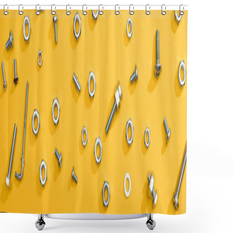 Personality  Top View Of Metal Nuts And Bolts On Yellow Background, Panoramic Shot Shower Curtains