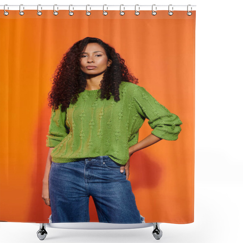 Personality  A Confident Woman Poses Against A Vibrant Orange Backdrop, Flaunting Her Unique Fashion Style. Shower Curtains