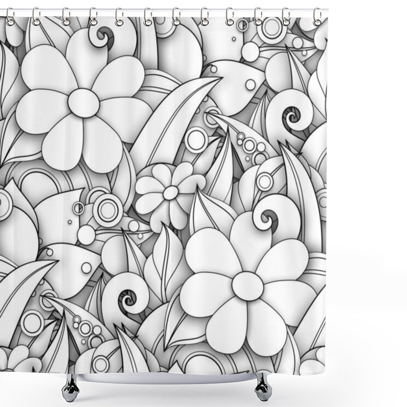 Personality  Monochrome Seamless Pattern With Floral Motifs. Endless Texture With Flowers And Leaves In Doodle Line Style Shower Curtains