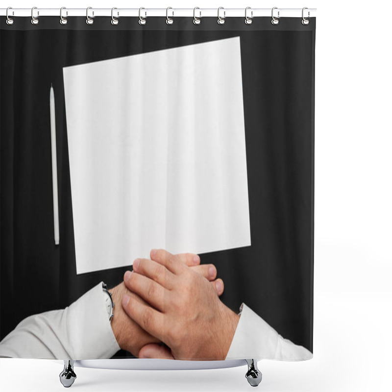 Personality  A Blank Sheet Of Paper And A Businessman's Hands On A Black Table, A White Shirt And A Wrist Watch, A Top View-a Template For Any Text Or Inscription Shower Curtains