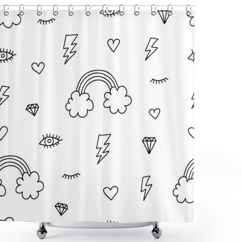 Personality  Cute Seamless Pattern Of Hand Drawn Doodle Elements On White Background. Rainbow, Eyes, Lightnings, Hearts, Clouds, Diamonds Pattern. Vector Illustration Shower Curtains