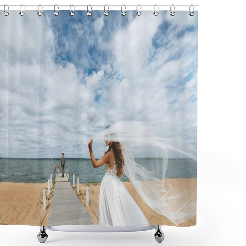 Personality  Young Bride, Fashionable And Beautiful Brunette Model Girl In Stylish Wedding Dress With A Veil Which Fluttering In The Wind, Walks To The Groom Who Waiting At The Pier Shower Curtains