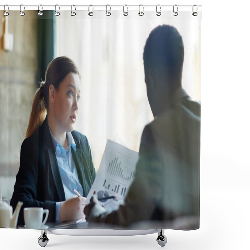 Personality  Two Business People During Work Meeting In Modern Cafe: Young Professional Woman Explaining Statistics Data Holding Documents With Graphs To Male Partner  Shower Curtains