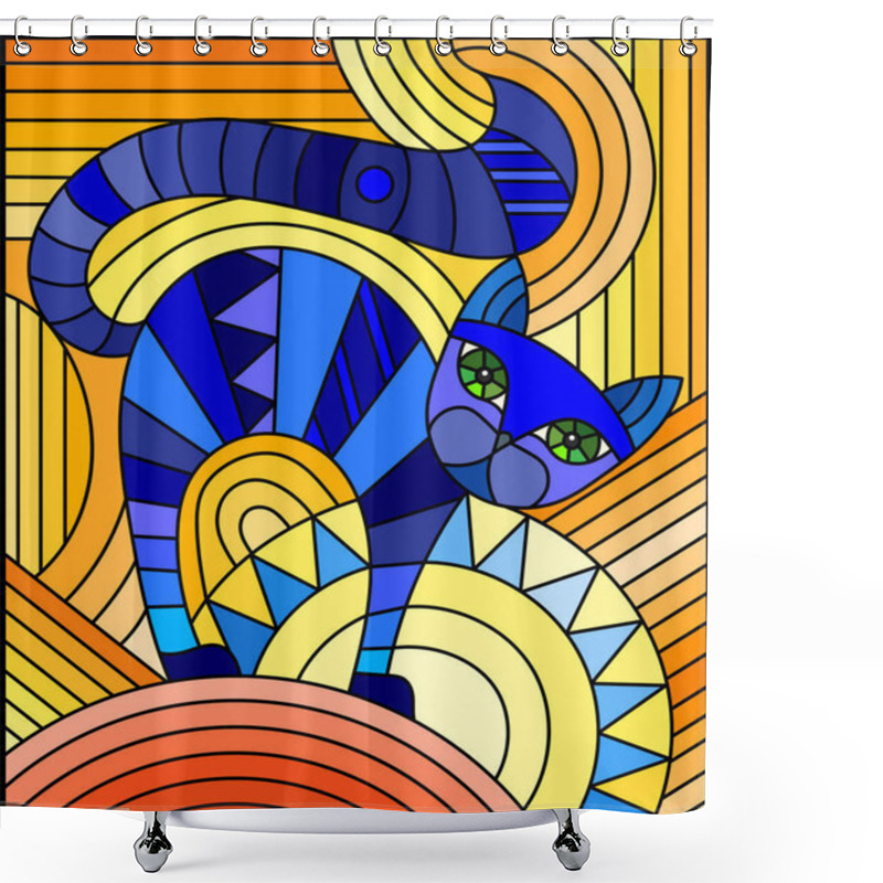 Personality  Illustration In Stained Glass Style With Abstract Blue Geometric Cat On An Orange Background Shower Curtains