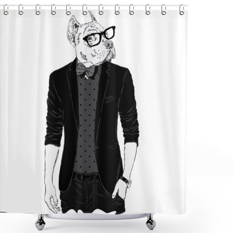 Personality  Pitbull Hipster In A Jacket And Sunglasses . Vector Illustration. The Print On The Cover , Clothing Or Card . Shower Curtains