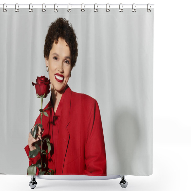 Personality  Beautiful Woman Smiles Warmly While Stylishly Holding A Rose, Exuding Charm And Elegance. Shower Curtains