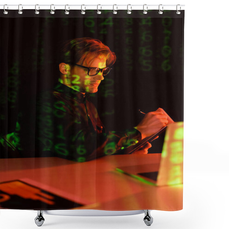 Personality  Programmer In Eyeglasses Writing On Notebook Near Blurred Laptop And Reflection Of Computer Code On Black Background  Shower Curtains