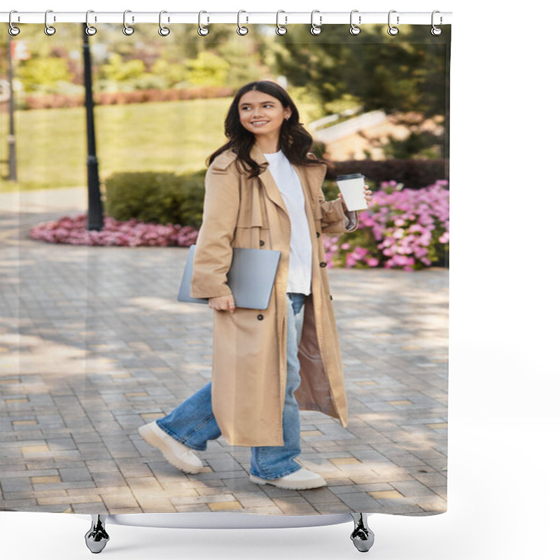 Personality  A Joyful Girl Strolls Through A Vibrant Park In Autumn, Sipping Coffee And Carrying Her Laptop. Shower Curtains