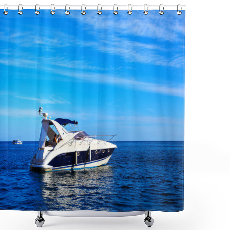 Personality  Motorboat In The Sea Against Blue Sky. Seascape Shower Curtains