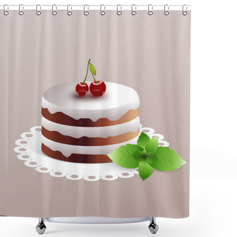 Personality  Cherry cake. Vector illustration. shower curtains