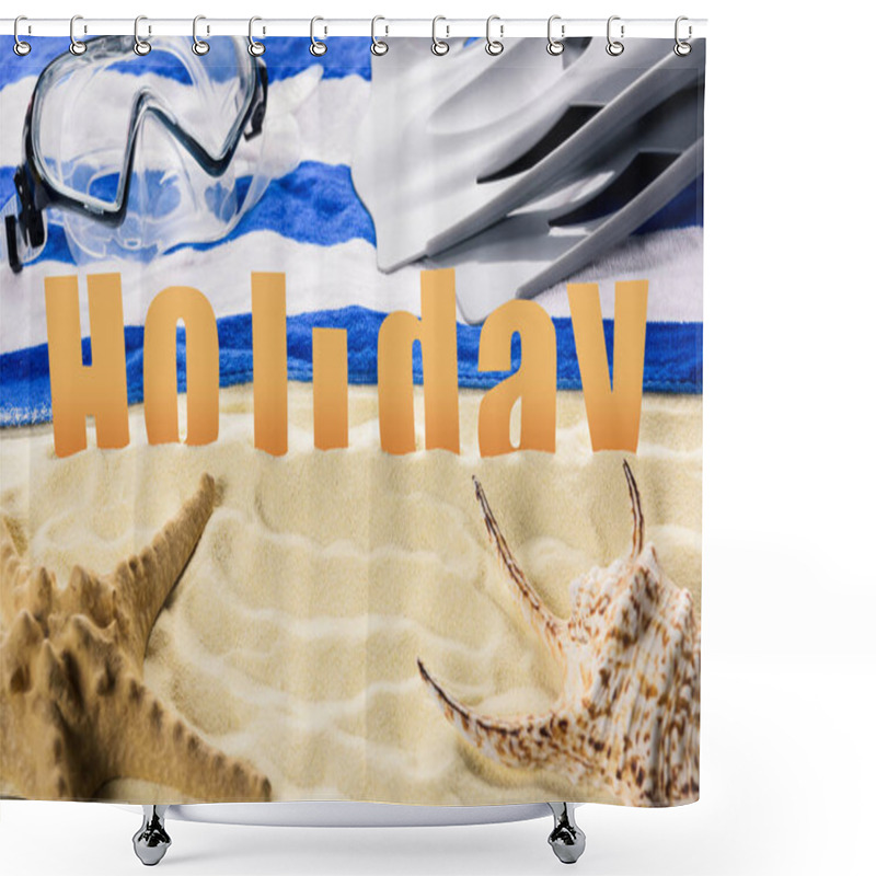 Personality  Mask And Holiday Inscription On Sandy Beach With Seashell And Strafish Shower Curtains