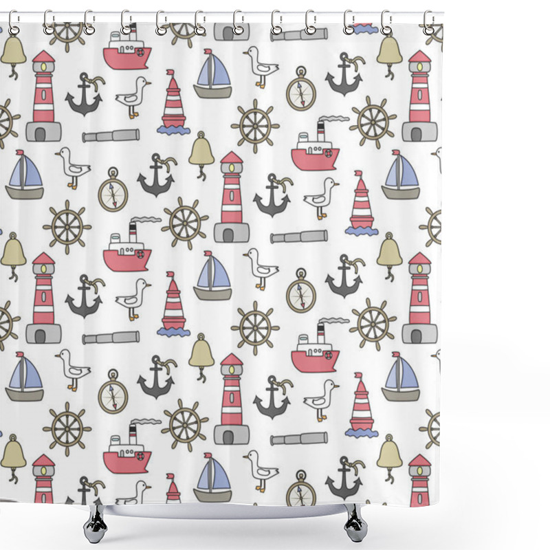 Personality  Cartoon Nautical Seamless Background. Vector Illustration. Shower Curtains