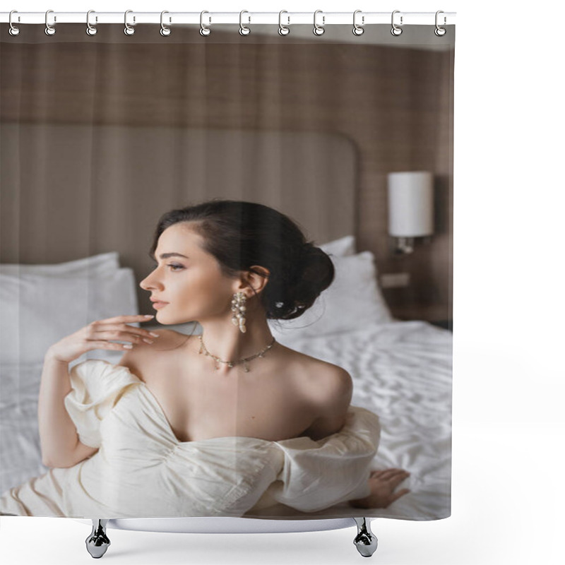 Personality  Side View Of Enchanting Young Bride In White Dress And Luxurious Jewelry With Pearl Earrings And Necklace Looking Away In Modern Bedroom In Hotel Room On Wedding Day  Shower Curtains