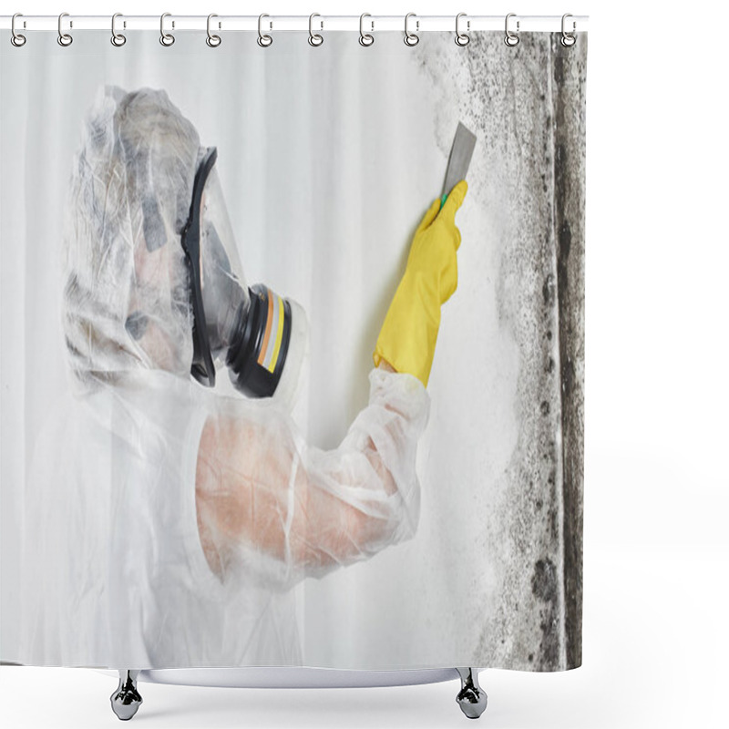 Personality  A Professional Disinfector In Overalls Processes The Walls From Mold With A Spatula. Removal Of Black Fungus In The Apartment And House. Aspergillus. Shower Curtains