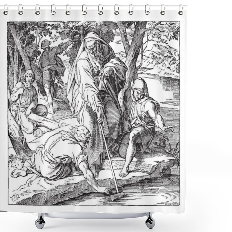 Personality  Elisha Causing Iron To Swim, This Scene Shows A Standing Man Putting Axe In Water And Two Men Sitting Near Him And One Man Putting Hand In Water, Trees And Men In Background, Vintage Line Drawing Or Engraving Illustration Shower Curtains