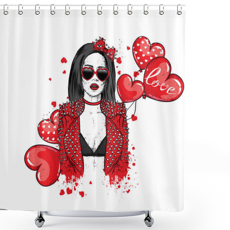 Personality  Beautiful Girl In A Stylish Jacket With Spikes And Glasses With Hearts And Balls In The Shape Of A Heart. Vector Illustration For A Postcard Or A Poster. Valentine's Day, Love And Friendship. Shower Curtains