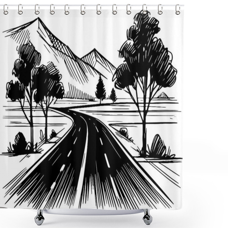 Personality  Mountain Road With Trees In Sketch Style Drawing Shower Curtains