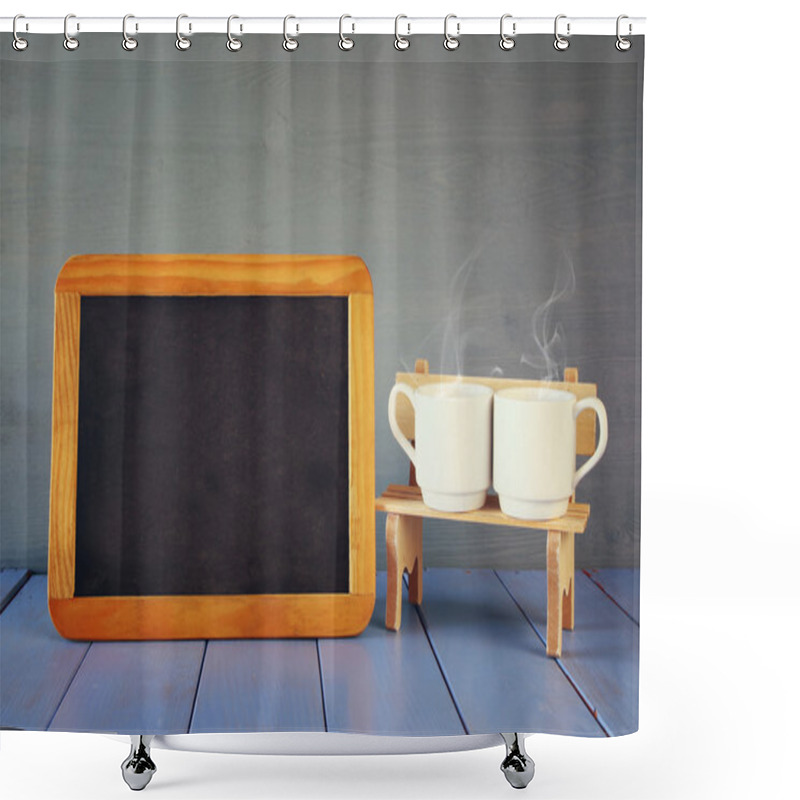 Personality  Couple Coffee Cups Next To Empty Blackboard Shower Curtains