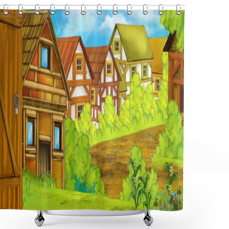 Personality  Cartoon Summer Scene With Path To The Farm Village - Nobody On The Scene - Illustration For Children Shower Curtains