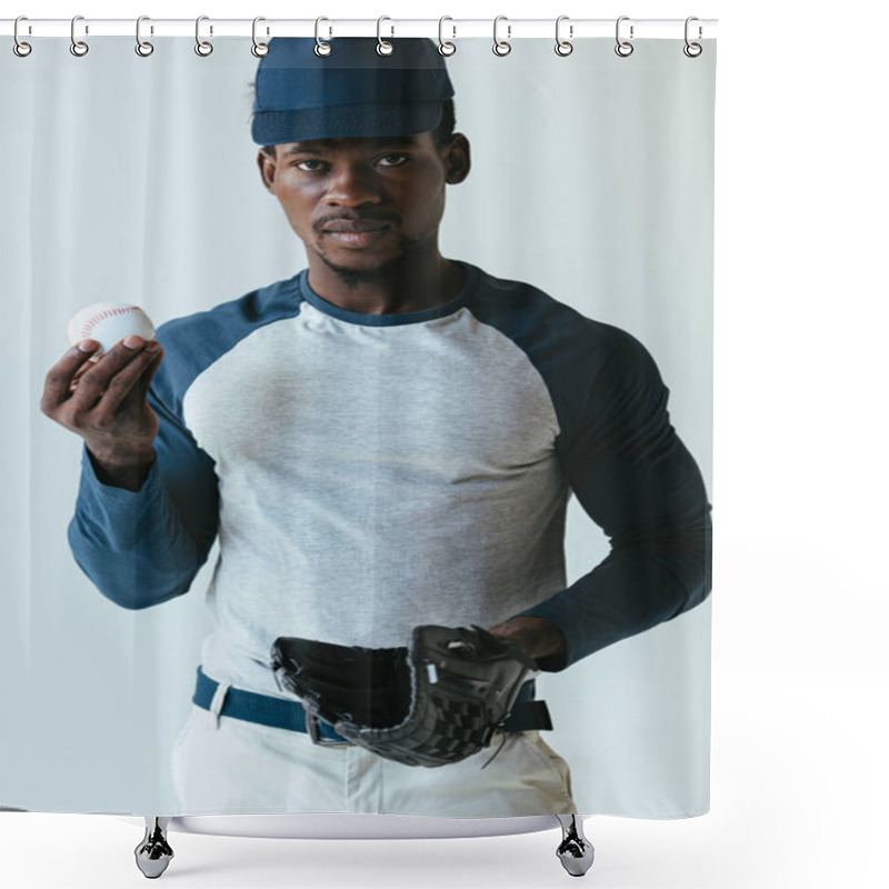 Personality  Confident African American Baseball Player Looking At Camera While Holding Ball Isolated On Grey Shower Curtains