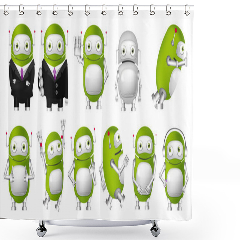 Personality  Vector Set Of Green Robots Illustrations. Shower Curtains