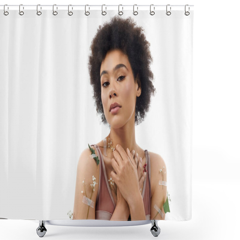 Personality  Classy Curly Haired African American Woman In Pastel Cozy Underwear With Flowers On Body. Shower Curtains