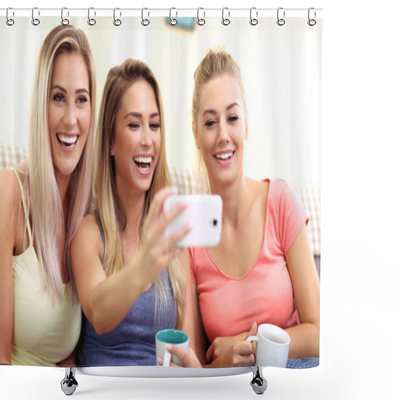 Personality  Three Beautiful Young Women Chilling At Home Shower Curtains