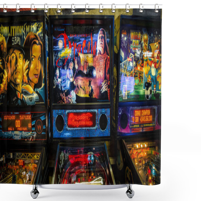 Personality  Budapest, Hungary - March 25, 2018: Pinball Museum. Pinball Table Close Up View Of Vintage Machine Shower Curtains