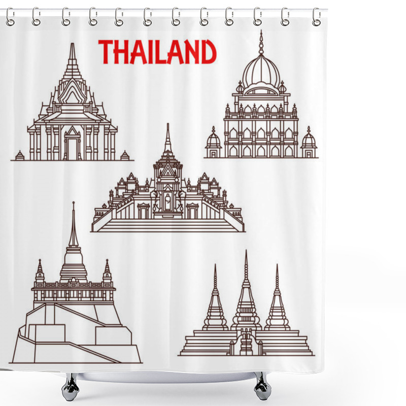 Personality  Thailand Bangkok Temples Vector Line Icons Shower Curtains