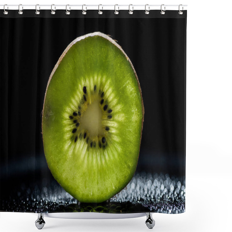 Personality  Slice Of Fresh Kiwi Fruit On Black Background Shower Curtains