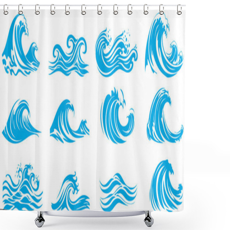 Personality  Blue Sea Waves Icon On A White Background. Vector Illustration Design. Shower Curtains