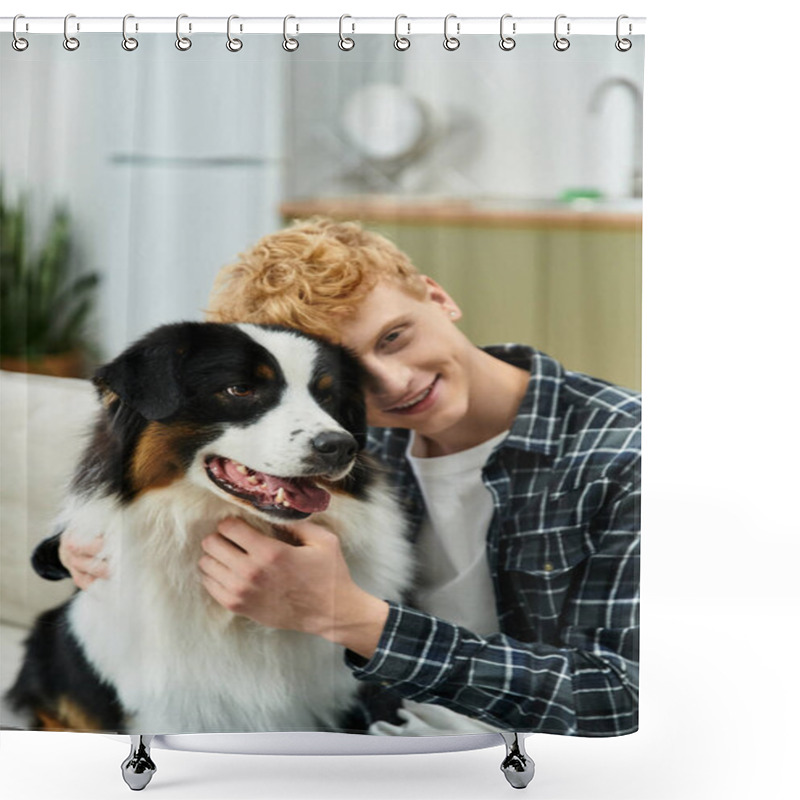 Personality  A Young Redhead Man Cuddles His Adorable Australian Shepherd In A Modern Home Setting. Shower Curtains