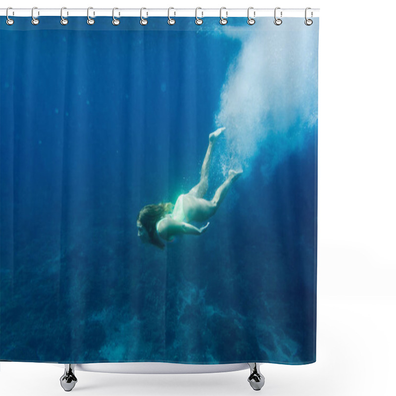 Personality  Underwater Photo Of Young Woman In Swimming Suit Diving In Ocean Alone Shower Curtains