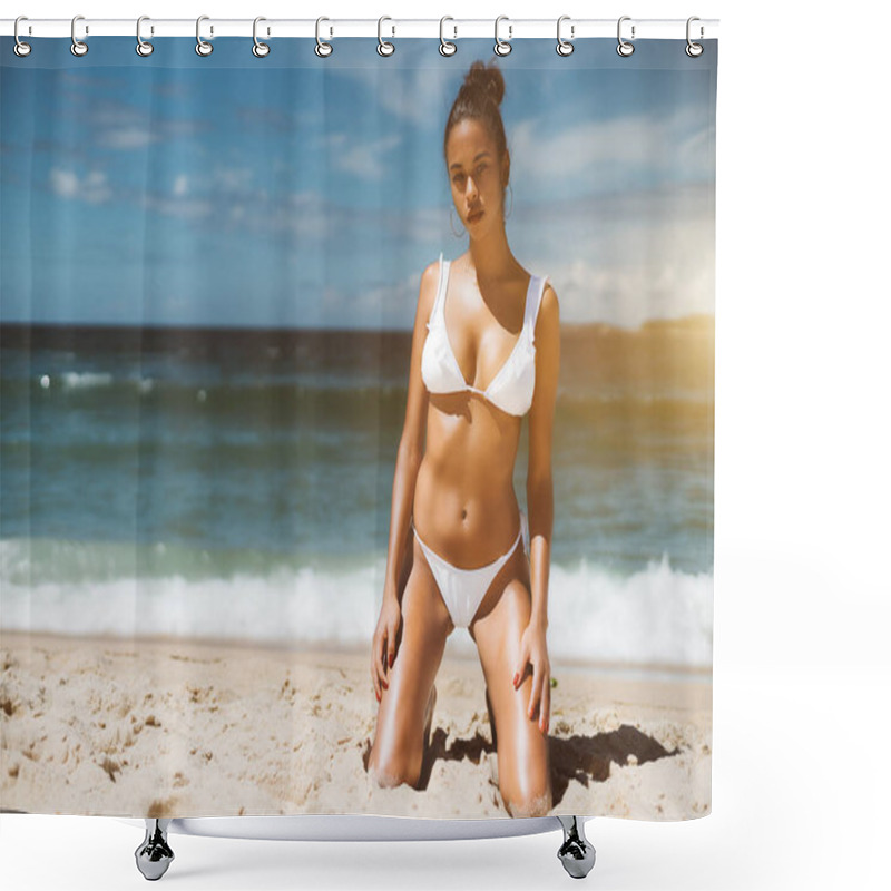 Personality  Black Model Girl On The Beach With Ocean Behind Shower Curtains