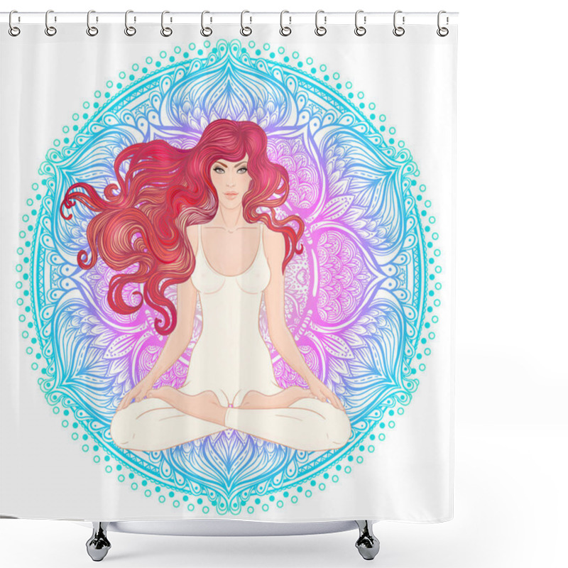 Personality  Young Woman Sitting In Lotus Pose With Ornate Mandala On Background Shower Curtains