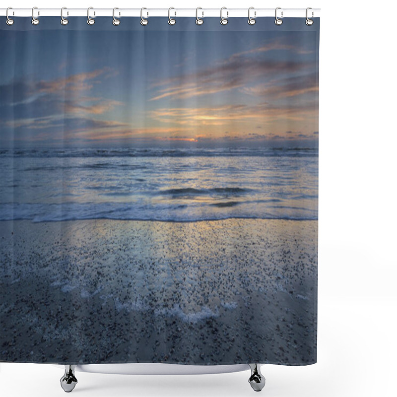 Personality  Sunset On The Beach Of The North Sea With Seashells, Texel, North Holland, Netherlands Shower Curtains