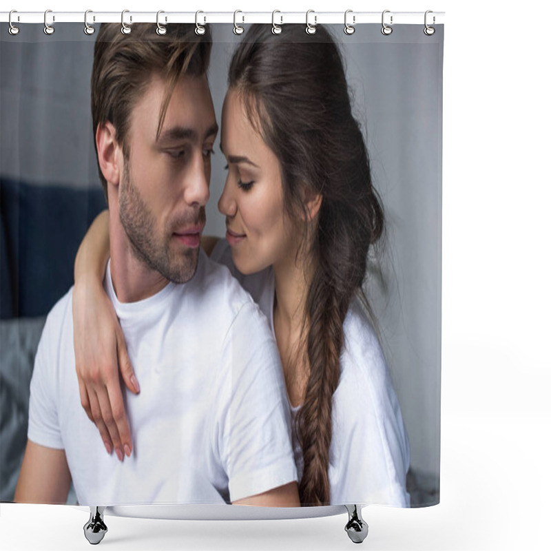 Personality  Romantic Couple Hugging On Bed In Their Room Shower Curtains