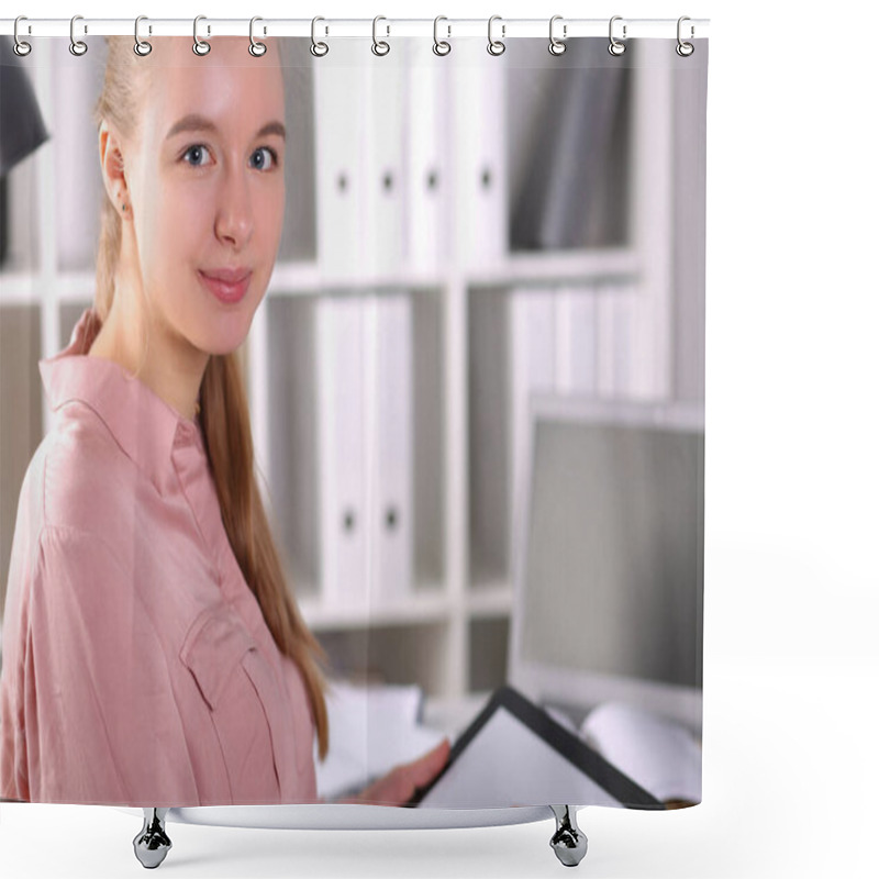 Personality  Capable Girl Office In Front Laptop Holds Tablet Shower Curtains